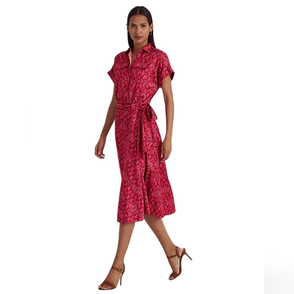 Ralph Lauren Geo-Print Shantung Tie Waist Dress, NWT, size medium